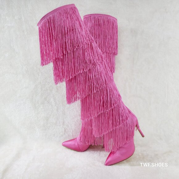 Mata Shoes Shoes - Gogo Fringed Thread Tassle OTK Thigh High Pink Satin High Heel Boots